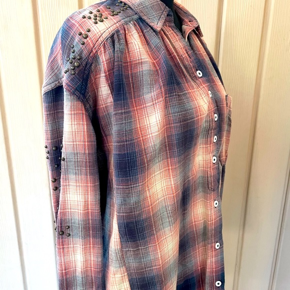 Free People • Take Me On Studded Plaid Fringe Button Down Long Sleeve Shirt XS - Picture 11 of 15